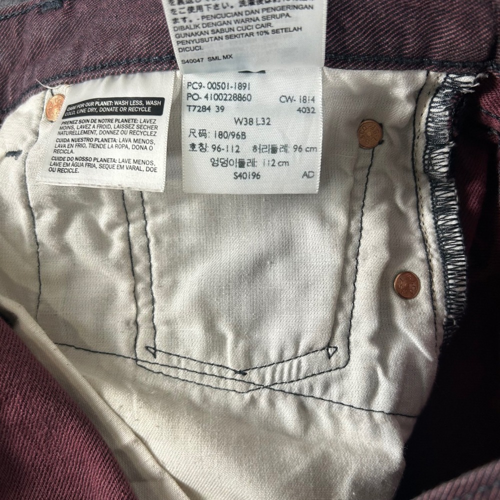 Levi's 501 Jeans Mens 38x32 Burgundy Original Fit Straight Leg Button Fly - Picture 5 of 10